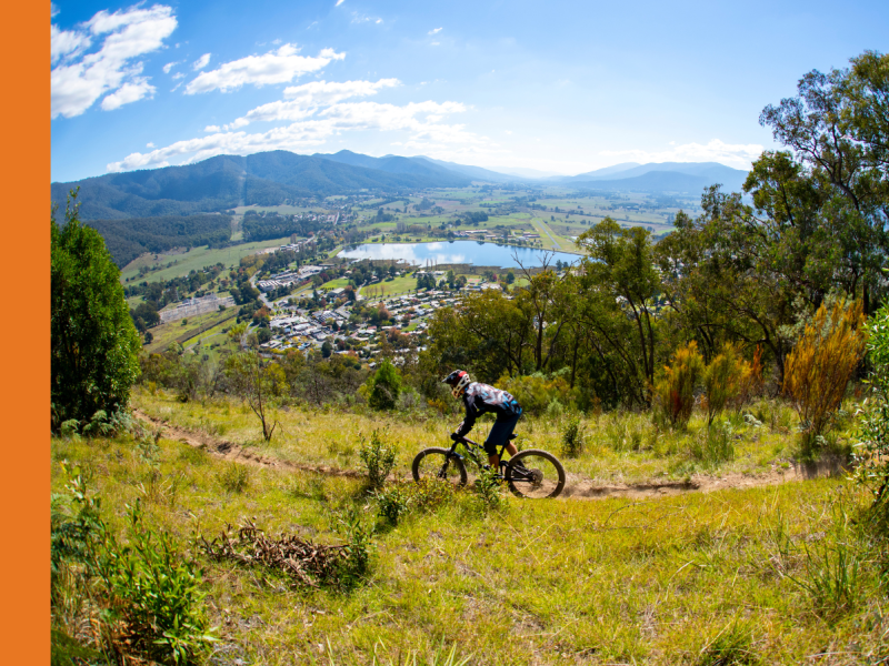 A mountain bike rider is riding on a downhill trail in Mount Beauty. There is a township, a pondage, and mountains in the distance.