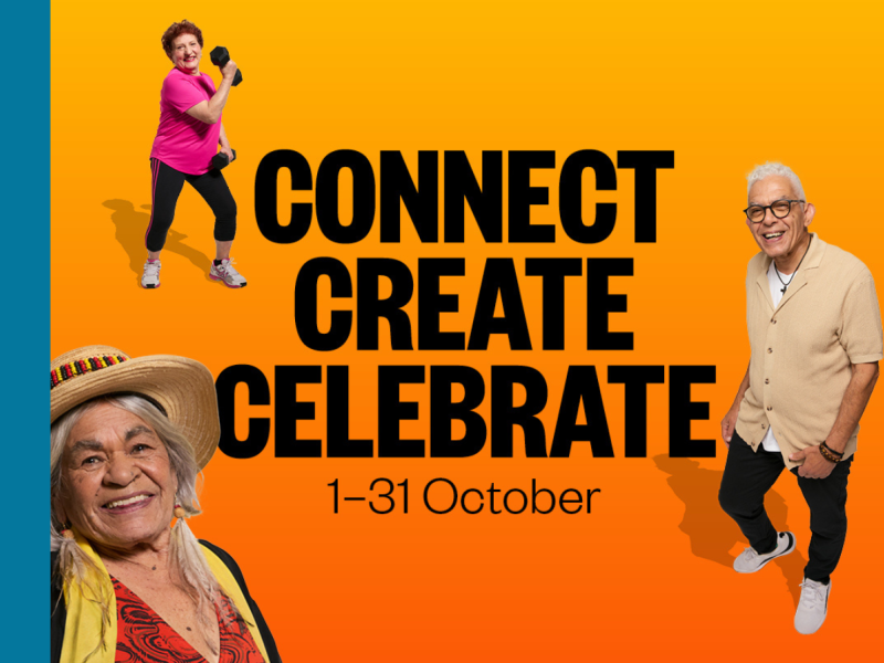 The image is a vibrant graphic with the words “CONNECT CREATE CELEBRATE” in large, bold, black letters on a bright orange background. A blue vertical stripe runs along the left side of the image. On the right side is a smaller portrait of a man.
