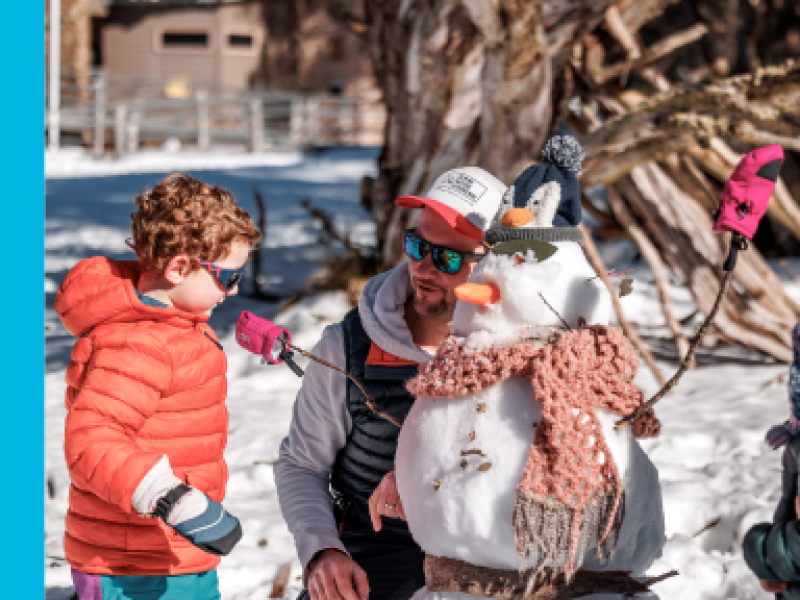 A dad and his son make a snowperson at Dinner Plain. The snowperson is wearing a pink knitted scarf and has a penguin-shaped beanie on their head. They have a carrot for a nose.