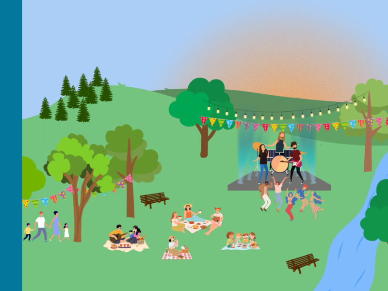 A colourful graphic of people on a grass field with a band playing in the background and a river to the right.