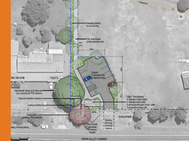 A draft site plan for the proposed Tawonga South Amenities, including a car park, amenities building and existing vegetation
