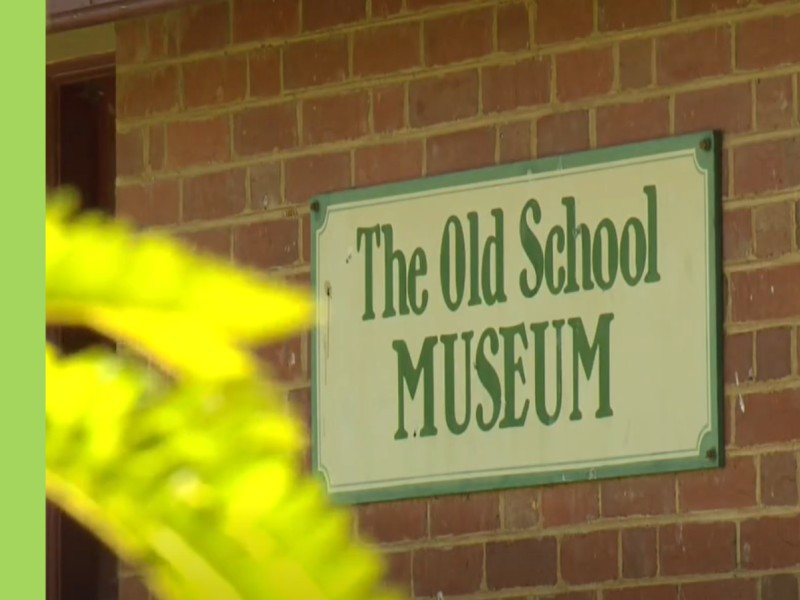 A brick wall with a green and cream sign that states The Old School MUSEUM. There is a fern in shot on the left hand side of the image.
