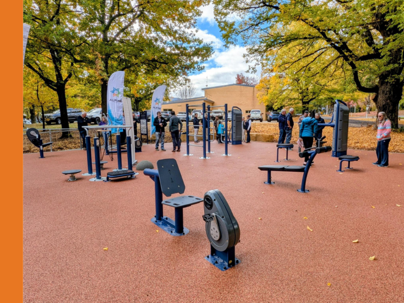 Bright's new outdoor fitness station featuring a variety of fitness equipment with autumn colours in the background.