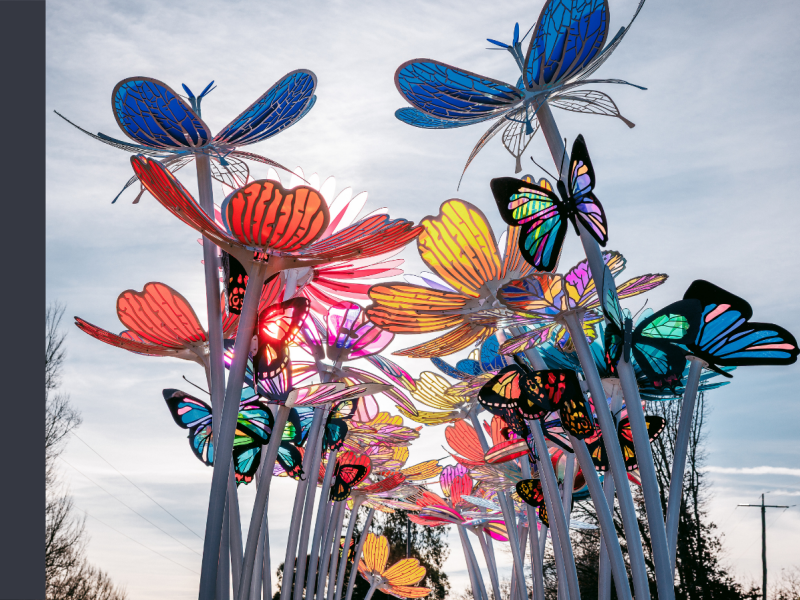 A close up image of the art installation in Porepunkah, featuring brightly coloured flowers and butterflies on large poles high in the air.