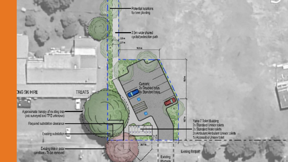 A draft site plan for the proposed Tawonga South Amenities, including a car park, amenities building and existing vegetation